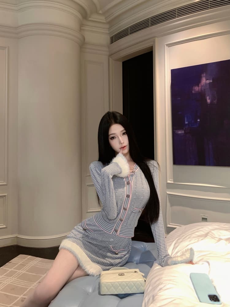 정가 실사 무거운 작업 품격 샤오시엔 몽환 루즈핏 패치워크 원사 털 센스 니트 맨위 반 스커트 세트