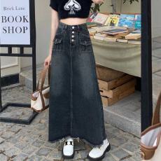 批发实价 大码胖mm设计感高腰牛仔半身裙女<b class='q'>夏</b>韩版宽松显瘦复古A字长裙