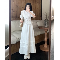 批发实拍~大码韩系穿搭套装裙夏季泡泡袖衬衫显瘦高腰半身裙子两件套