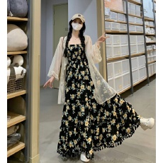 批发实拍大码女装法式气质高腰<b class='q'>印花</b>吊带裙夏季薄紗开衫碎花<b class='q'>连衣裙</b>套装