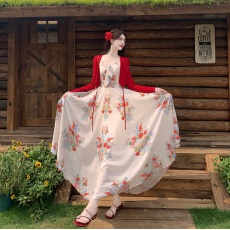 批发实拍|~大码女装春夏田野法式复古碎花蝴蝶结吊带<b class='q'>连衣裙</b>防晒外套