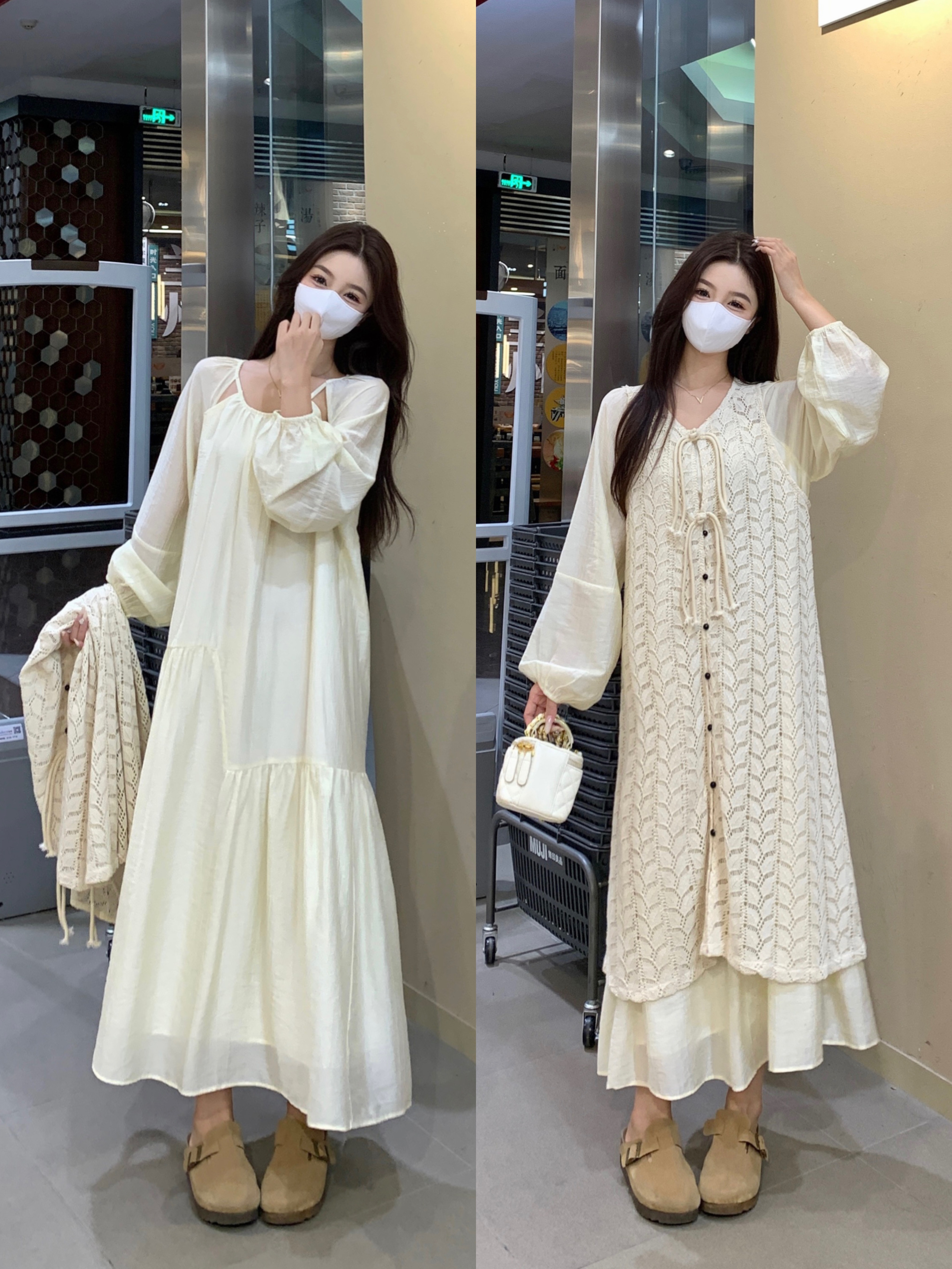 실사 빅 사이즈 프랑스식 홀로우 아웃 드레스 스택 착용 니트 블라우스 봄 품격 부드러운 느긋한 바람 투피스 세트