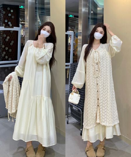실사 빅 사이즈 프랑스식 홀로우 아웃 드레스 스택 착용 니트 블라우스 봄 품격 부드러운 느긋한 바람 투피스 세트