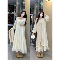 批发实拍~大码法式镂空<b class='q'>连衣裙</b>叠穿针织罩衫春季气质温柔慵懒风<b class='q'>两件套</b>