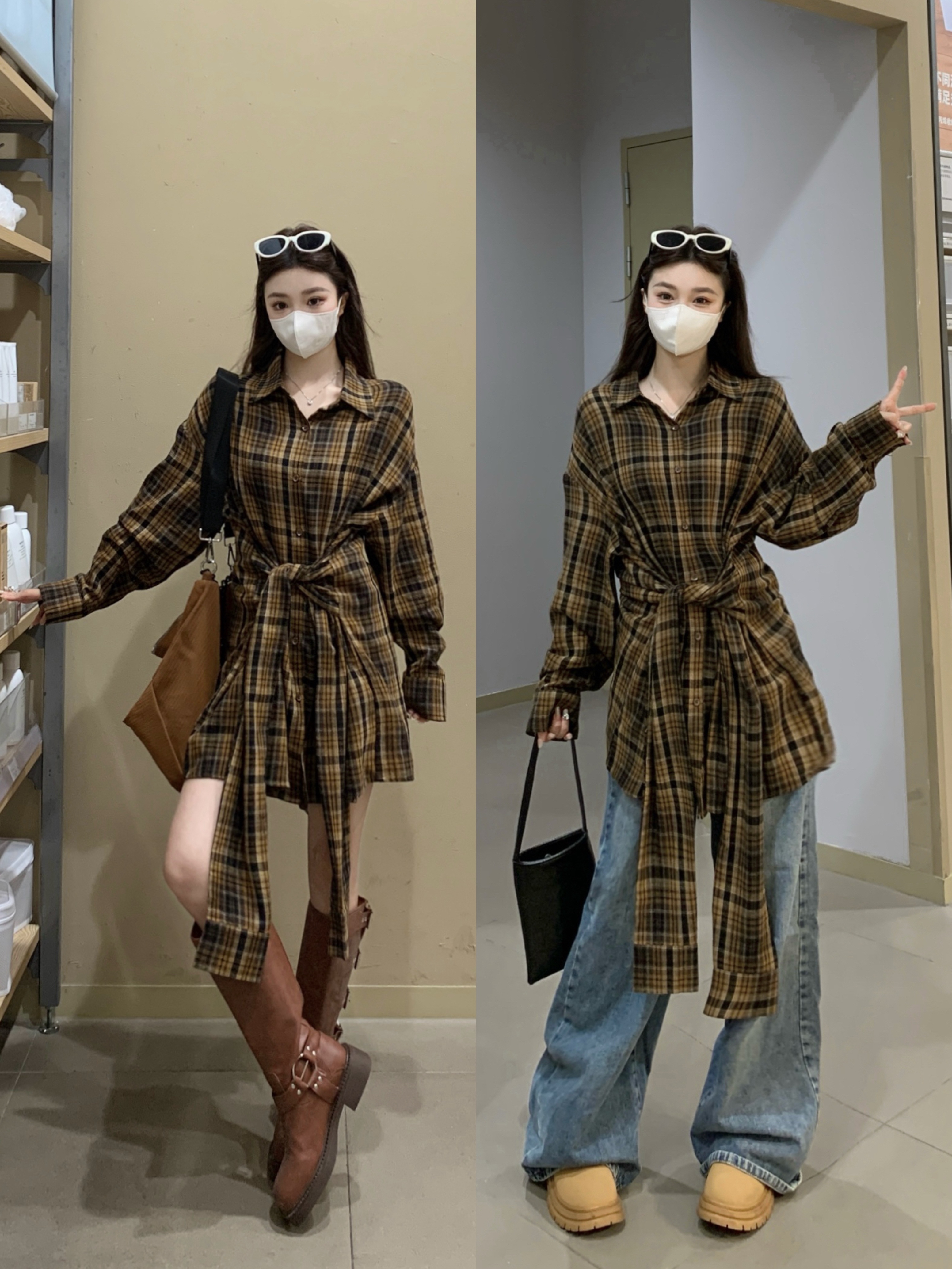 실사 빅 사이즈 여성 의류 지방 mm 디자인 센스 루즈핏 캐주얼 바람 드레스 레이스업 허리 수축 셔츠 드레스 여성