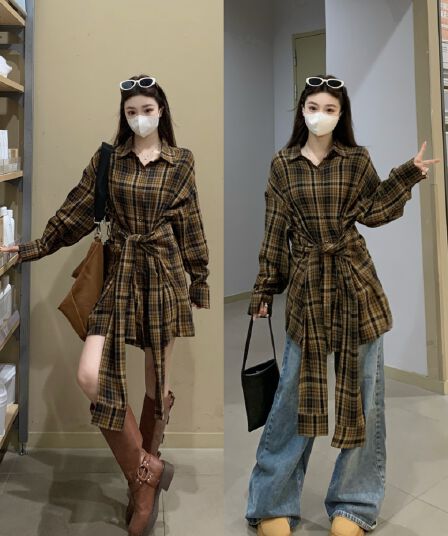 실사 빅 사이즈 여성 의류 지방 mm 디자인 센스 루즈핏 캐주얼 바람 드레스 레이스업 허리 수축 셔츠 드레스 여성