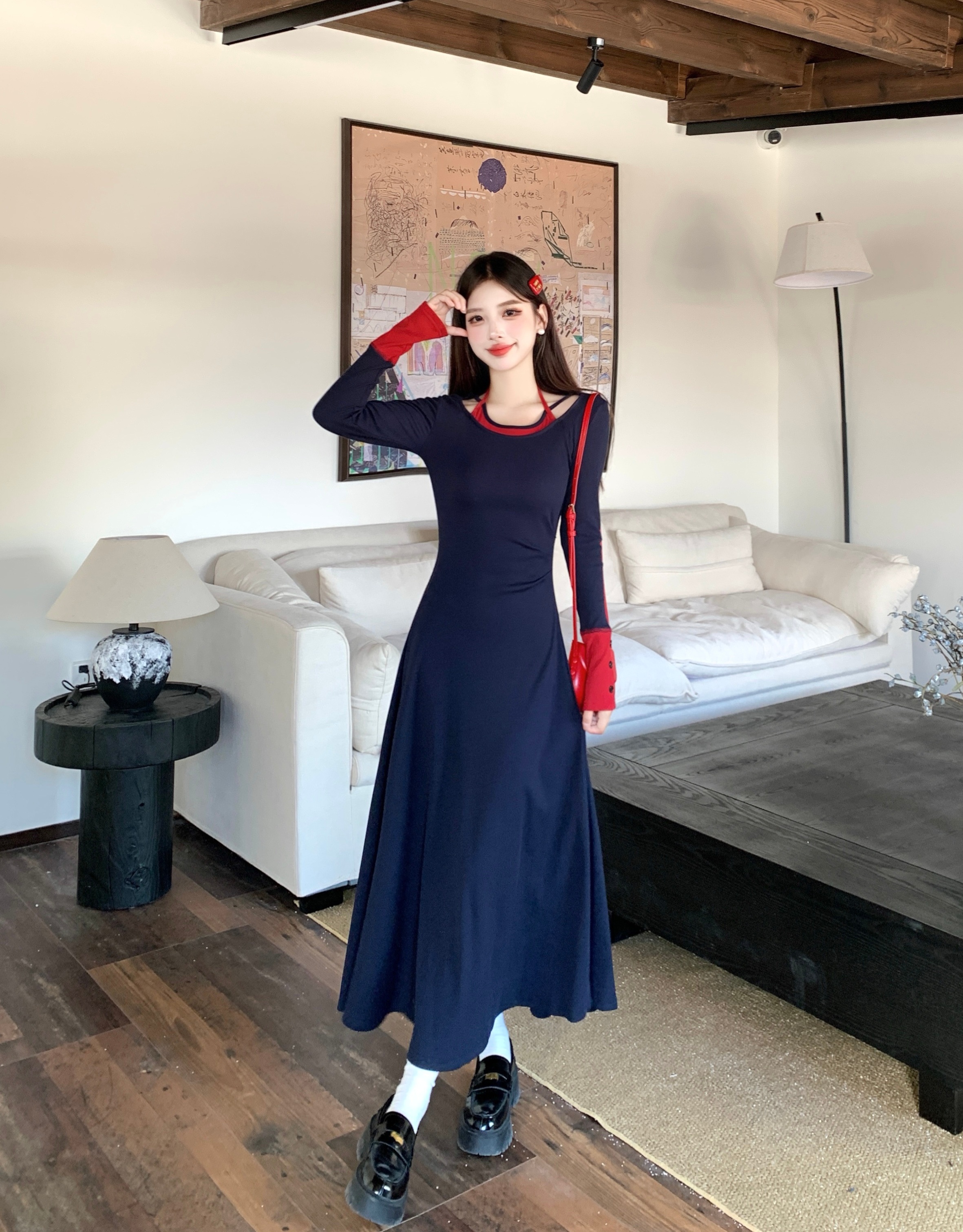 빅 사이즈 여성 의류 지방 mm 한 부서 니트 드레스 부드러운 소녀 품격 페이크 레이어드 롱 스커트