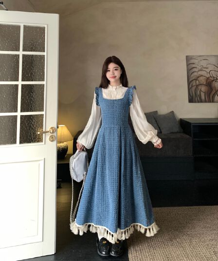실사 빅 사이즈 여성 의류 지방 mm 파란색 레트로 데님 멜빵 드레스 연령 감소 셔츠 술 롱 스커트 투피스 세트