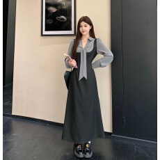 批发大码女装胖mm韩系学院风撞色减龄拼接蝴蝶结显瘦长袖连衣裙