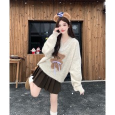批发大码女装胖mm显瘦仿貂毛卡通小熊毛衣外套针织毛衣蕾丝半身裙套装