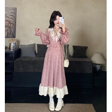 批发大码女装<b class='q'>提花</b>雪尼尔拼接长裙2025冬季新款微胖mm设计感<b class='q'>连衣裙</b>