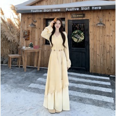 批发大码法式温柔风长袖连衣裙女装秋冬假两件裙子胖MM遮肚显瘦A字裙