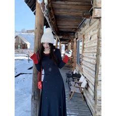 批发韩系秋冬加绒针织连衣裙女新款假两件拼接气质长裙打底内搭裙子