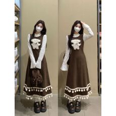 批发<b class='q'>大码</b>女装假两件长袖毛呢拼蕾丝连衣裙女秋冬小熊千金感miu系长裙