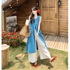 批发蓝色慵懒风休闲背心连衣裙女<b class='q'>夏</b>季流行宽松显瘦波点阔腿裤两件套装