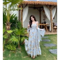 批发4色大码女装法式气质高腰印花吊带裙夏季薄紗开衫碎花<b class='q'>连衣裙</b>套装