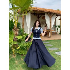 批发大码<b class='q'>女装</b>学院风减龄复古条纹假两件短袖衬衫上衣半身裙<b class='q'>套装</b>