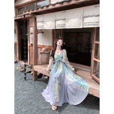 批发法式复古串珠晕染油画伞裙夏吊带连衣裙度假风小众设计感仙女长裙