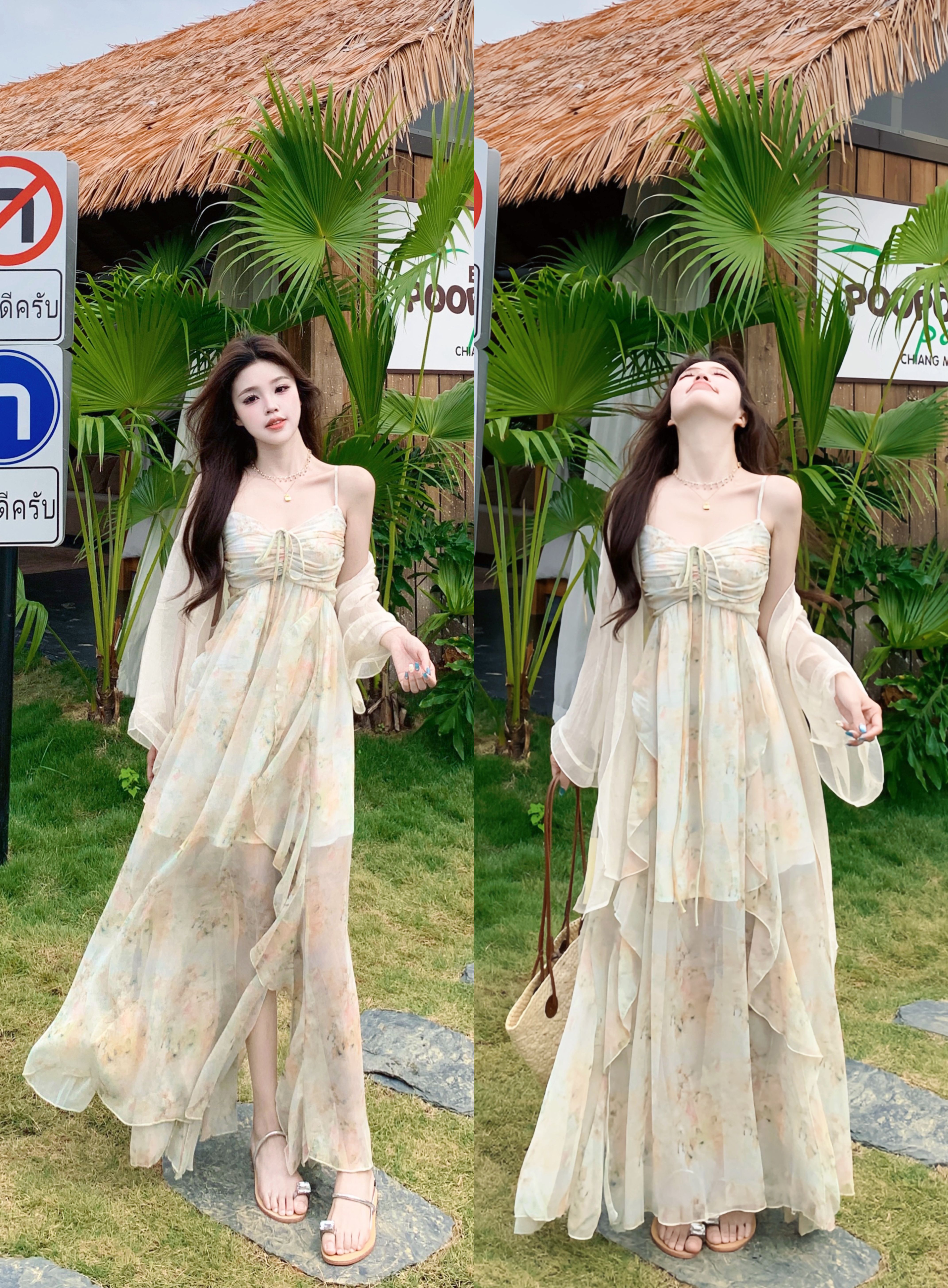 빅 사이즈 여성 의류 휴가 바람 달콤함 프릴 유화 슬립 드레스 드레스 롱 스커트 여성 얇은 오픈 가디건 투피스 세트