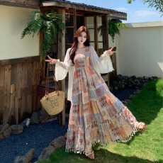 批发波西米亚连衣裙女2026夏季新款复古气质度假风开衫吊带长裙两件套