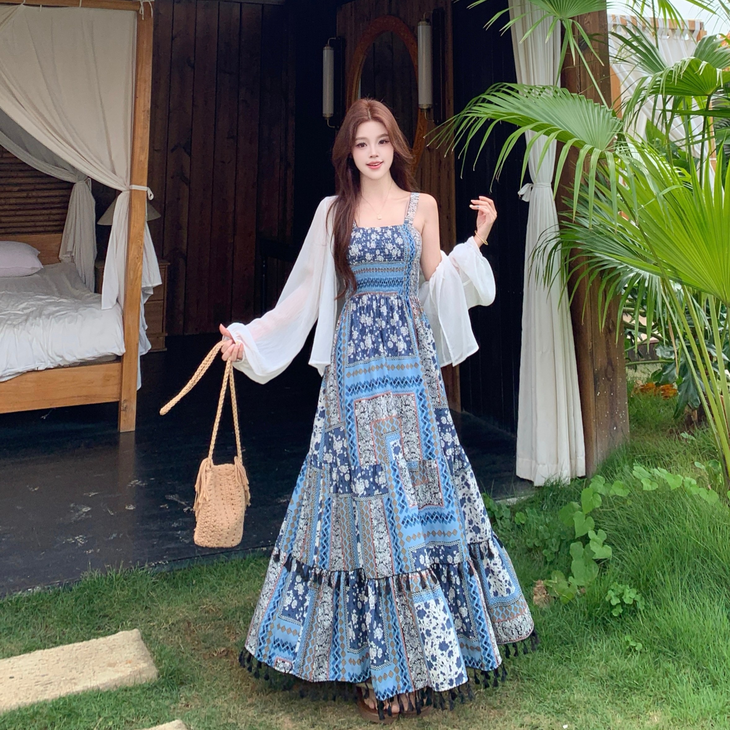 레트로 품격 꽃무늬 슬립 드레스 빅 사이즈 지방 mm 루즈핏 보헤미안 민족 스타일 롱 스커트 오픈 가디건 세트