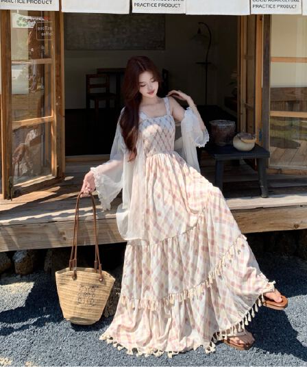 빅 사이즈 지방 mm 2026 여름 새로운 허리 수축 프린트 꽃무늬 슬립 드레스 프릴 숄 두 조각 여성 세트