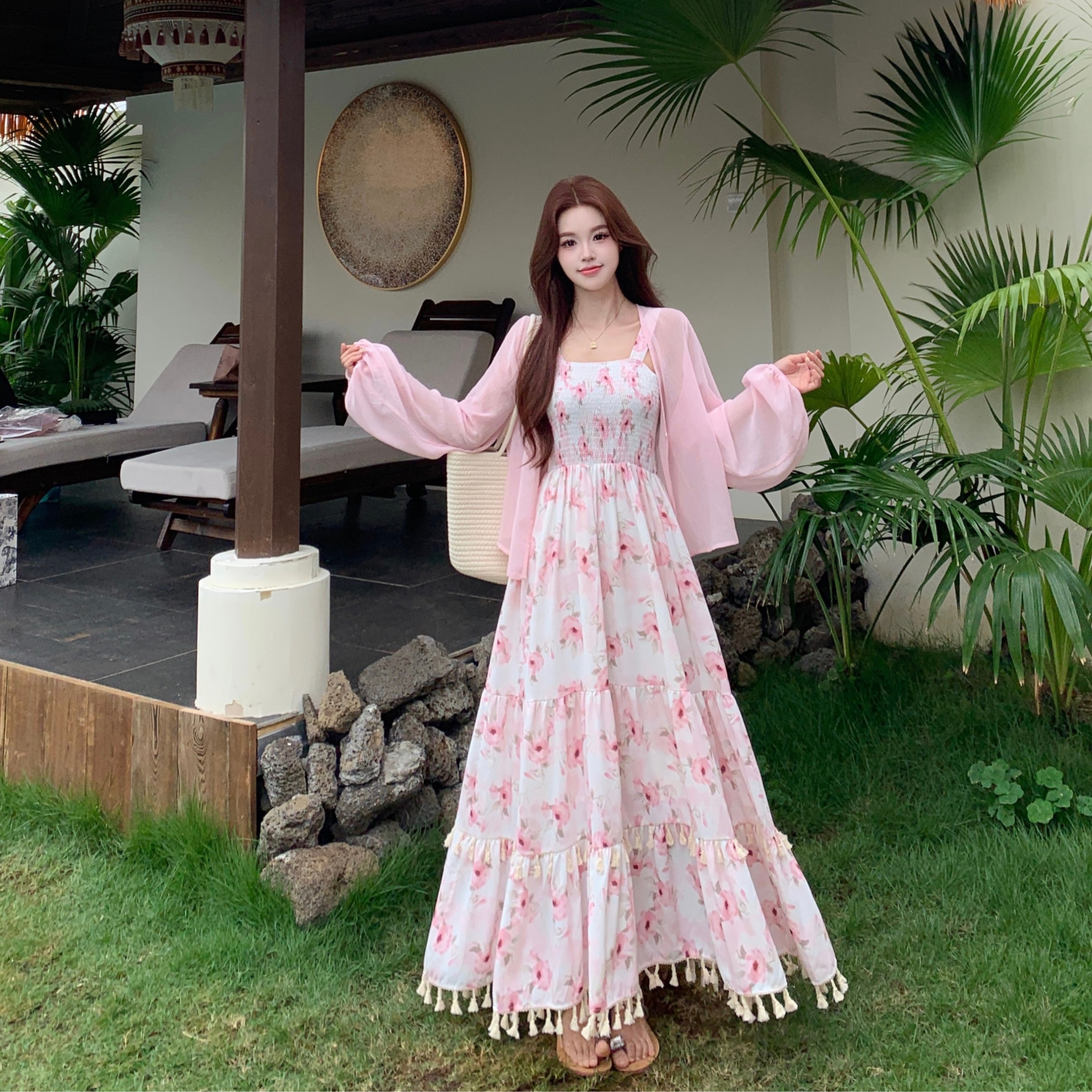 실사 빅 사이즈 여성 의류 프랑스식 품격 하이웨이스트 프린트 슬립 드레스 여름 얇은 오픈 가디건 꽃무늬 점프 슈트 치마 세트