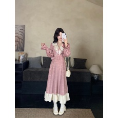 批发大码女装提花拼接长裙2026秋冬新款微胖mm设计感<b class='q'>连衣裙</b>