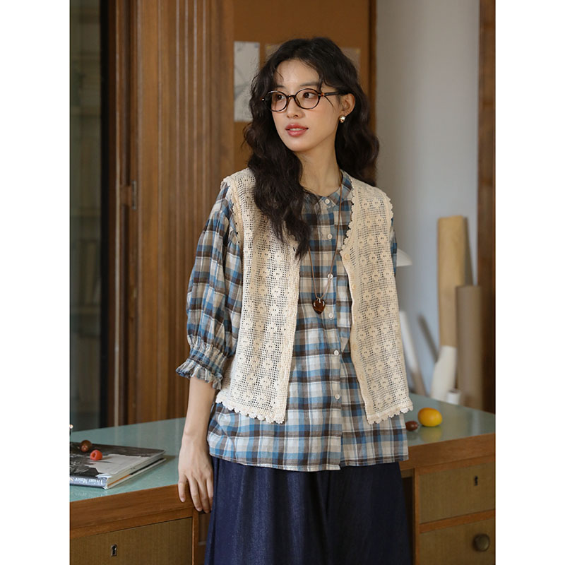 둘째 머리카락 실사 여름 새로운 문예 체크무늬 품격 셔츠 맨위 여성