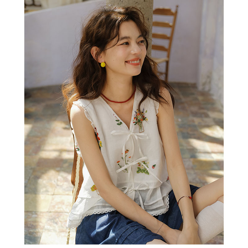 둘째 머리카락 실사 여름 새로운 문예 자수 작은 꽃 레이스업 무거운 작업 여성 셔츠
