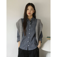 批发实拍2025新款 蓝色<b class='q'>格子</b>衬衫上衣女内搭修身收腰磨毛长袖衬衣