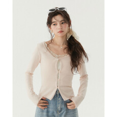 批发实拍春季新款 通勤气质扭结假两件<b class='q'>蕾丝</b>长袖修身针织衫女