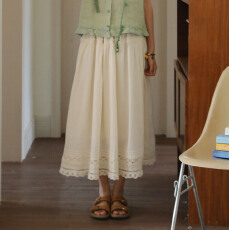 批发秒发实拍夏季新款 米杏色松紧腰打褶花边中长半身裙女
