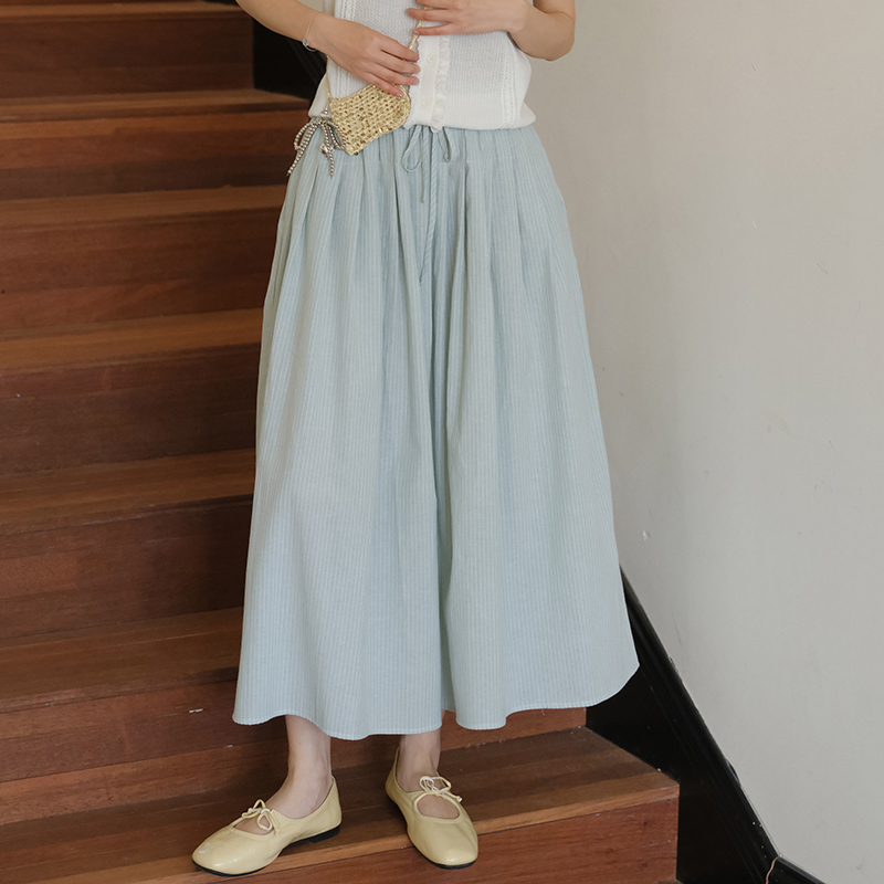 실사 여름 새로운 프랑스식 명중 Pleat 레이스업 상쾌 중간 길이 스트라이프 반신 스커트 여성