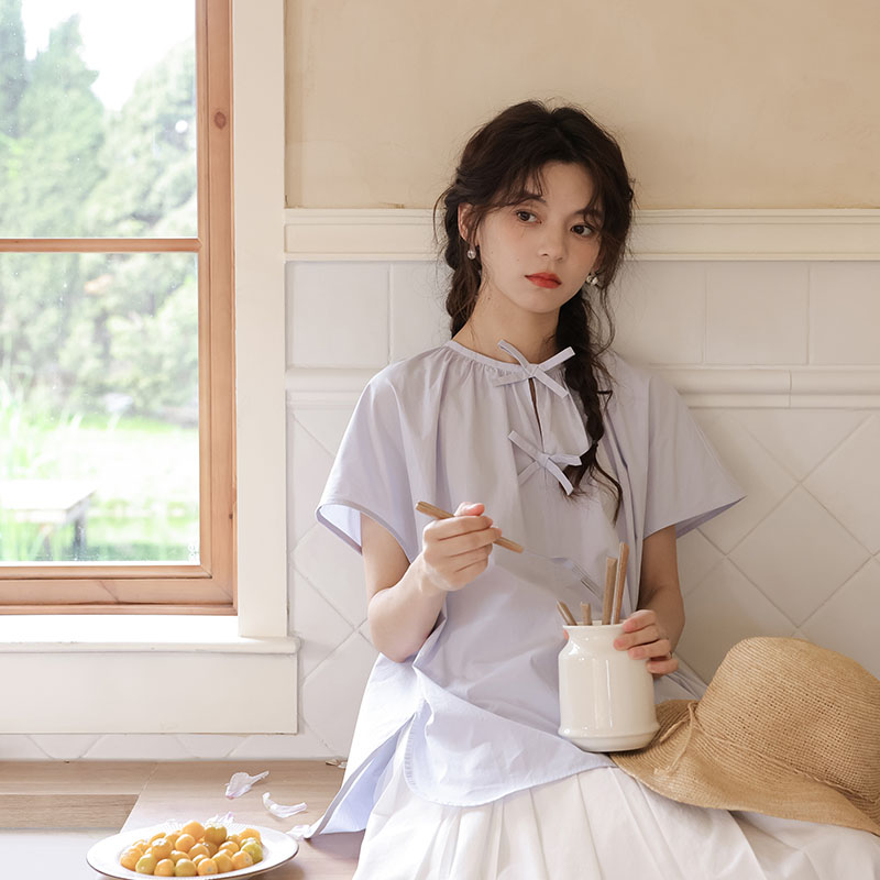 실사 여름 새로운 문예 나비 매듭 라운드 넥 면 소재 통기성 슬림해 보이는 표지 고기 반팔 셔츠 맨위 여성
