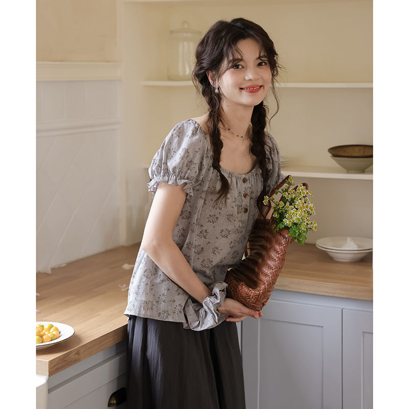 실사 여름 새로운 문예 품격 셔츠 광장 칼라 면 소재 통기성 꽃무늬 셔츠 맨위 여성