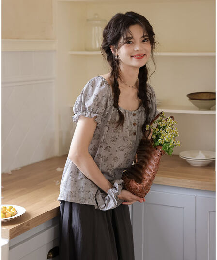 실사 여름 새로운 문예 품격 셔츠 광장 칼라 면 소재 통기성 꽃무늬 셔츠 맨위 여성