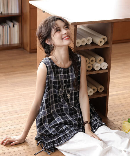 실사 여름 새로운 문예 체크무늬 레이스 라운드 넥 셔츠 맨위 여성