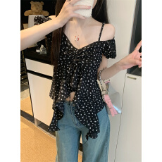 批发实拍实价韩系V领碎花不规则上衣女夏荷叶边收腰显瘦小衫