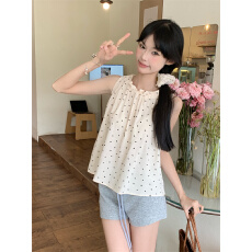 实拍实价波点露肩挂脖无袖衬衫女夏宽松设计感小众雪纺上衣