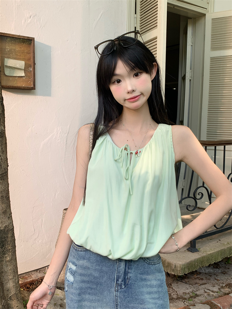 FA24584# 法式气质系带可爱吊带背心夏宽松显瘦设计感小众上衣 服裝批發女裝批發服飾貨源