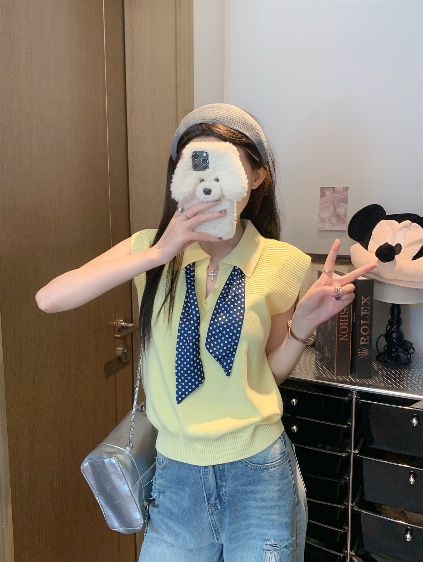 FA36494# polo领针织T恤女夏学院风修身显瘦短款波点丝巾上衣 服裝批發女裝批發服飾貨源