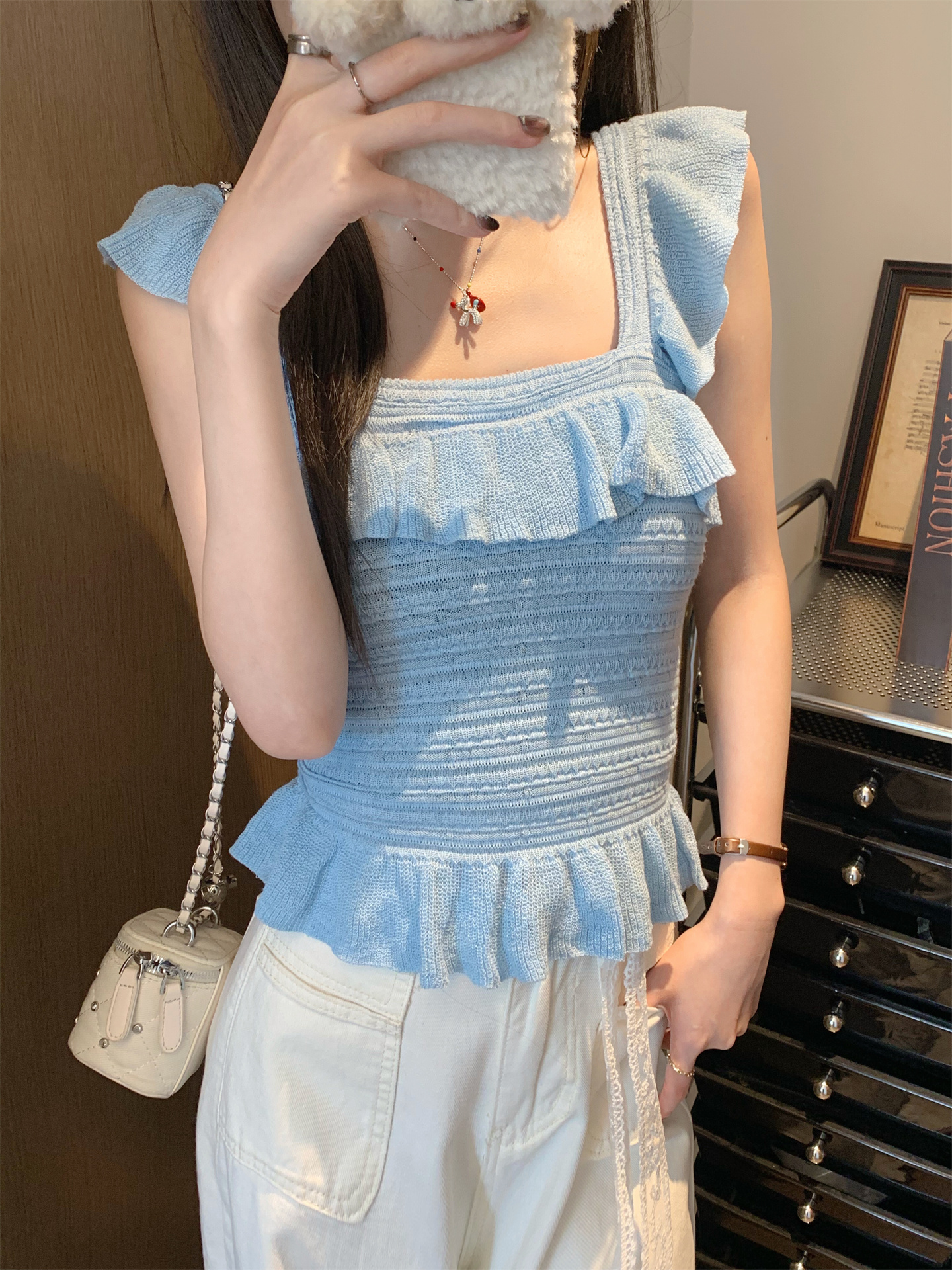 FA36493# 荷叶边小飞袖冰丝针织吊带背心女夏外穿修身上衣 服裝批發女裝批發服飾貨源