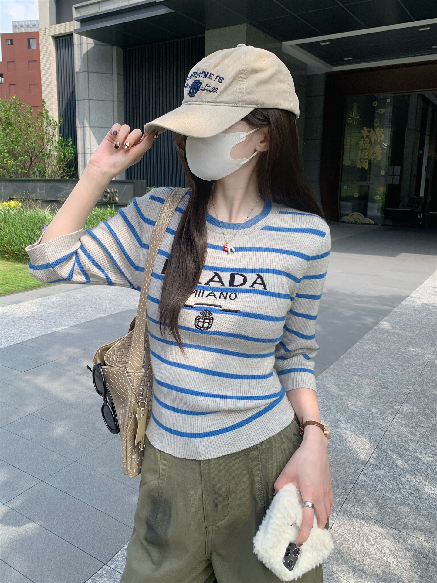 FA36491# 圆领字母条纹针织衫女夏百搭修身显瘦内搭中袖毛衣 服裝批發女裝批發服飾貨源