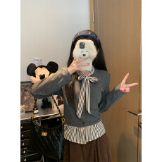 批发<b class='q'>实拍</b>实价甜美撞色条纹拼接蝴蝶结系带<b class='q'>衬衫</b>女秋减龄单排扣上衣