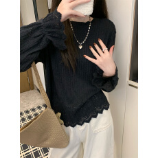 批发实拍实价白色<b class='q'>蕾丝</b><b class='q'>长袖</b>针织衫女韩系宽松休闲打底内搭上衣