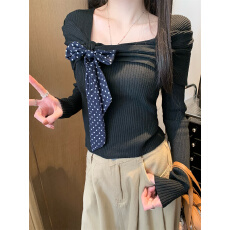 实拍实价甜辣一字肩针织衫波点丝巾高级慵懒设计感内搭小上衣