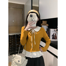 批发实拍实价甜美拼色娃娃领系带T恤女冬收腰荷叶边下摆<b class='q'>开衫</b>上衣