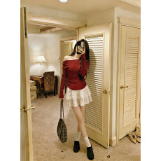 批发实拍实价纯欲风斜肩纯色长袖针织衫女秋冬简约修身百搭上衣