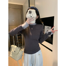 批发实拍实价假两件高领毛衣撞色堆堆领内搭打底衫<b class='q'>修身</b>长袖针织衫